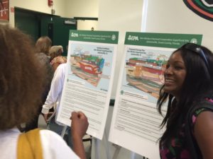 Treena Anderson of the Eastside Environmental Council explains the clean-up plan to a resident. (Photo: Lisa Grubba)